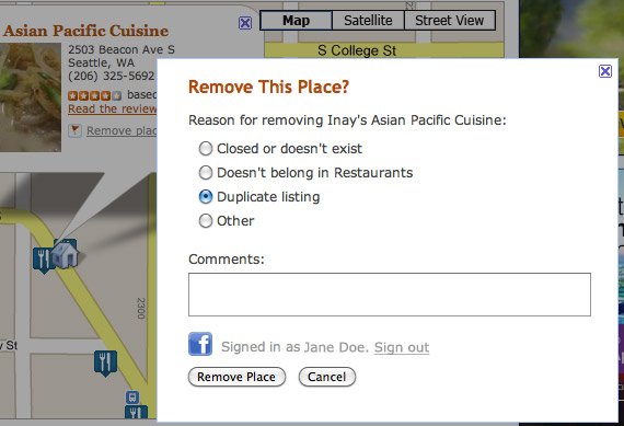 screenshot of remove place form