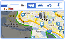Screenshot of apartment search for rentals by commute time