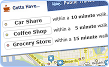 Screenshot of apartment search for rentals within walking distance of coffee shops and car shares