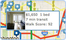 Screenshot of apartment search showing travel time by public transit