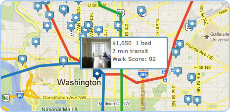 screenshot showing apartments and rentals by transit time